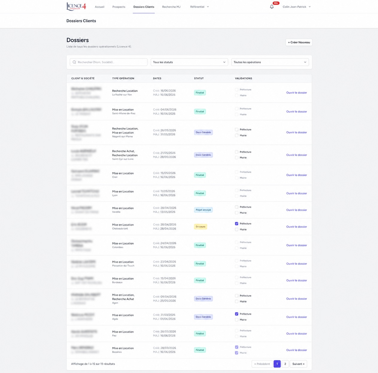 Backoffice app.licence4.com avec liste de dossiers clients anonymisée