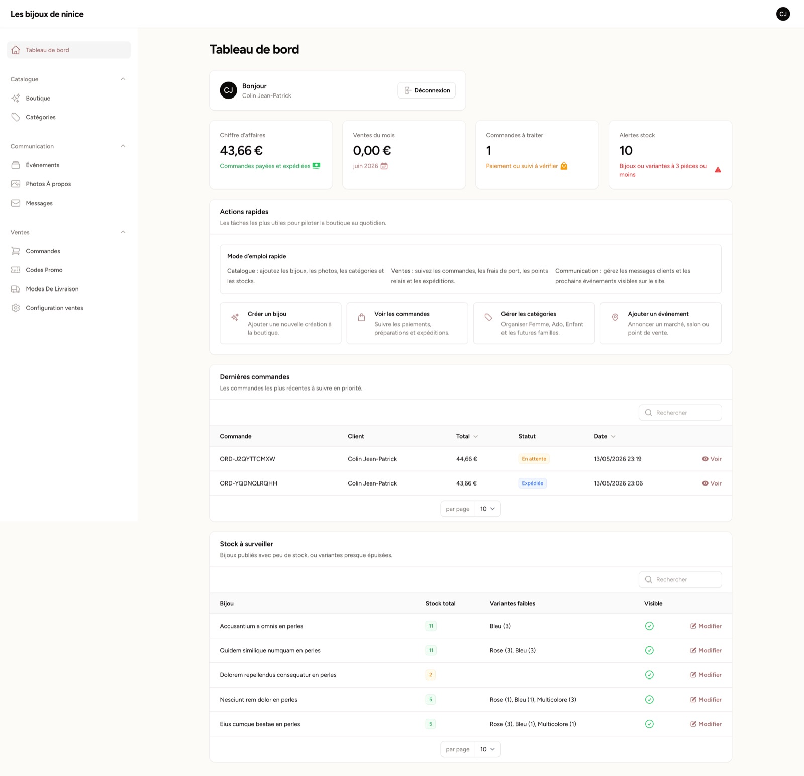 Backoffice e-commerce Les bijoux de Ninice avec tableau de bord, commandes et suivi de stock