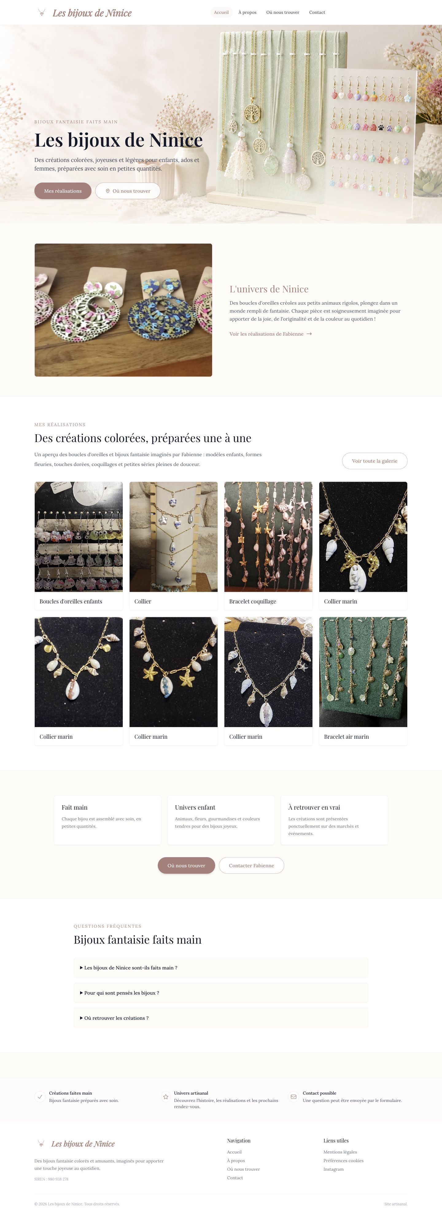 Page d’accueil du site Les bijoux de Ninice présentant les créations artisanales