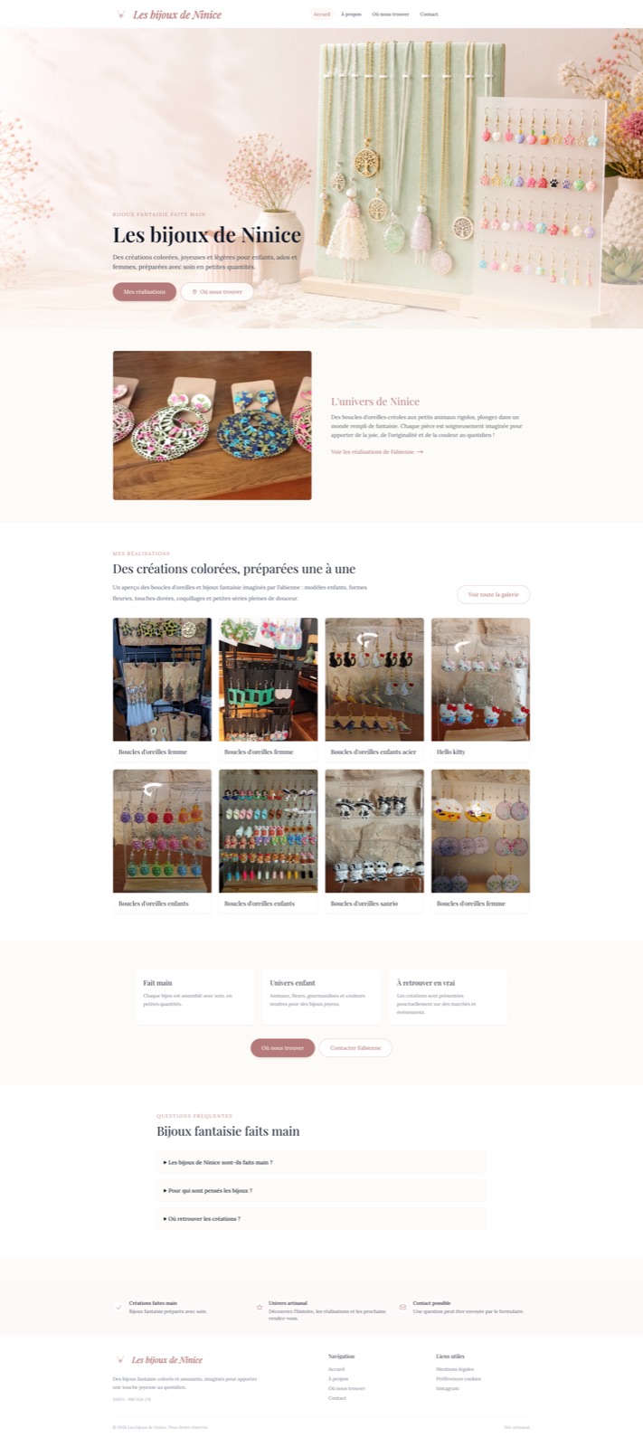 Page d’accueil Les bijoux de Ninice avec bijoux fantaisie faits main et univers pastel
