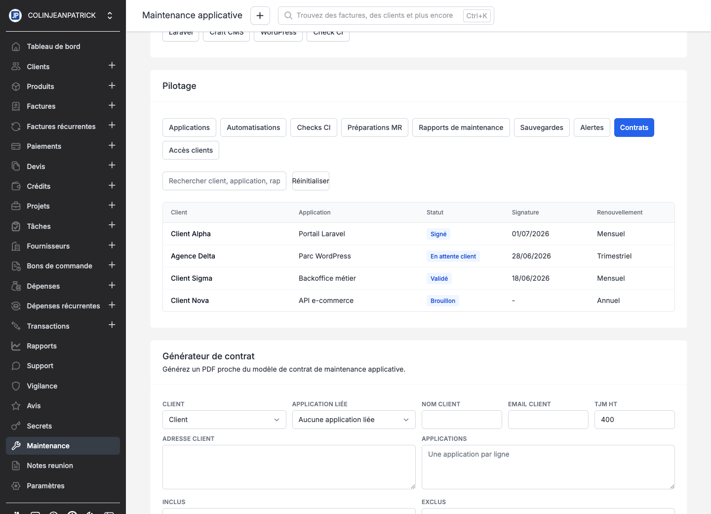 Contrats de maintenance applicative anonymisés