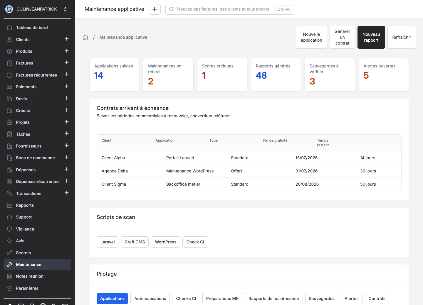 Dashboard de maintenance client avec indicateurs et contrats anonymisés