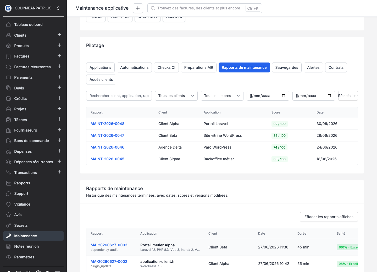 Historique de maintenance applicative avec interventions anonymisées