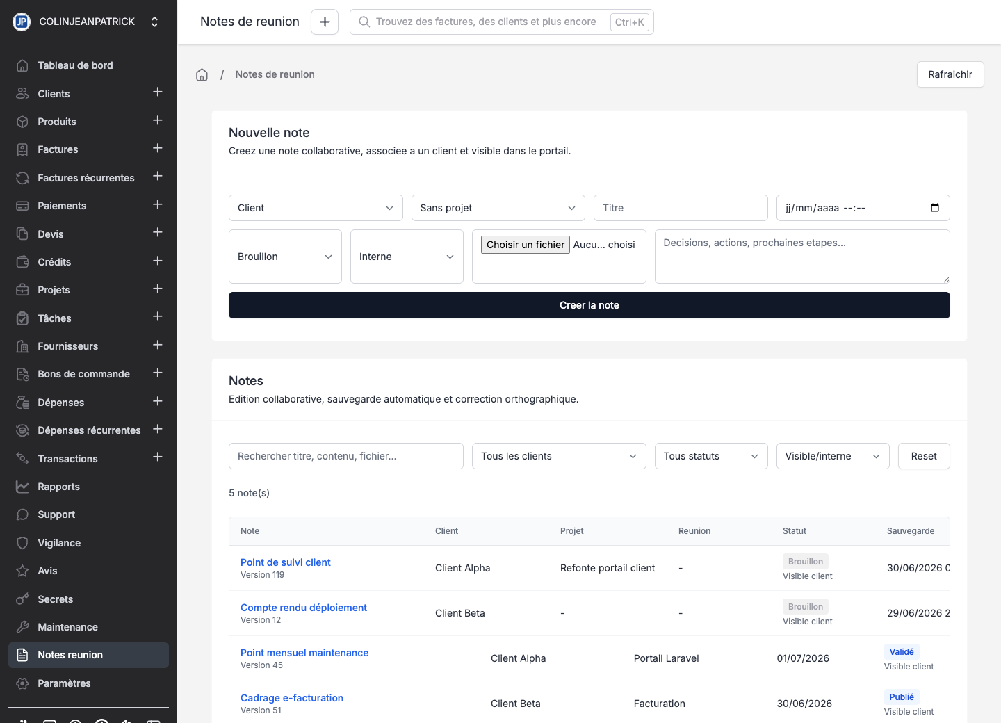 Notes de réunion React dans l'administration Invoice Ninja