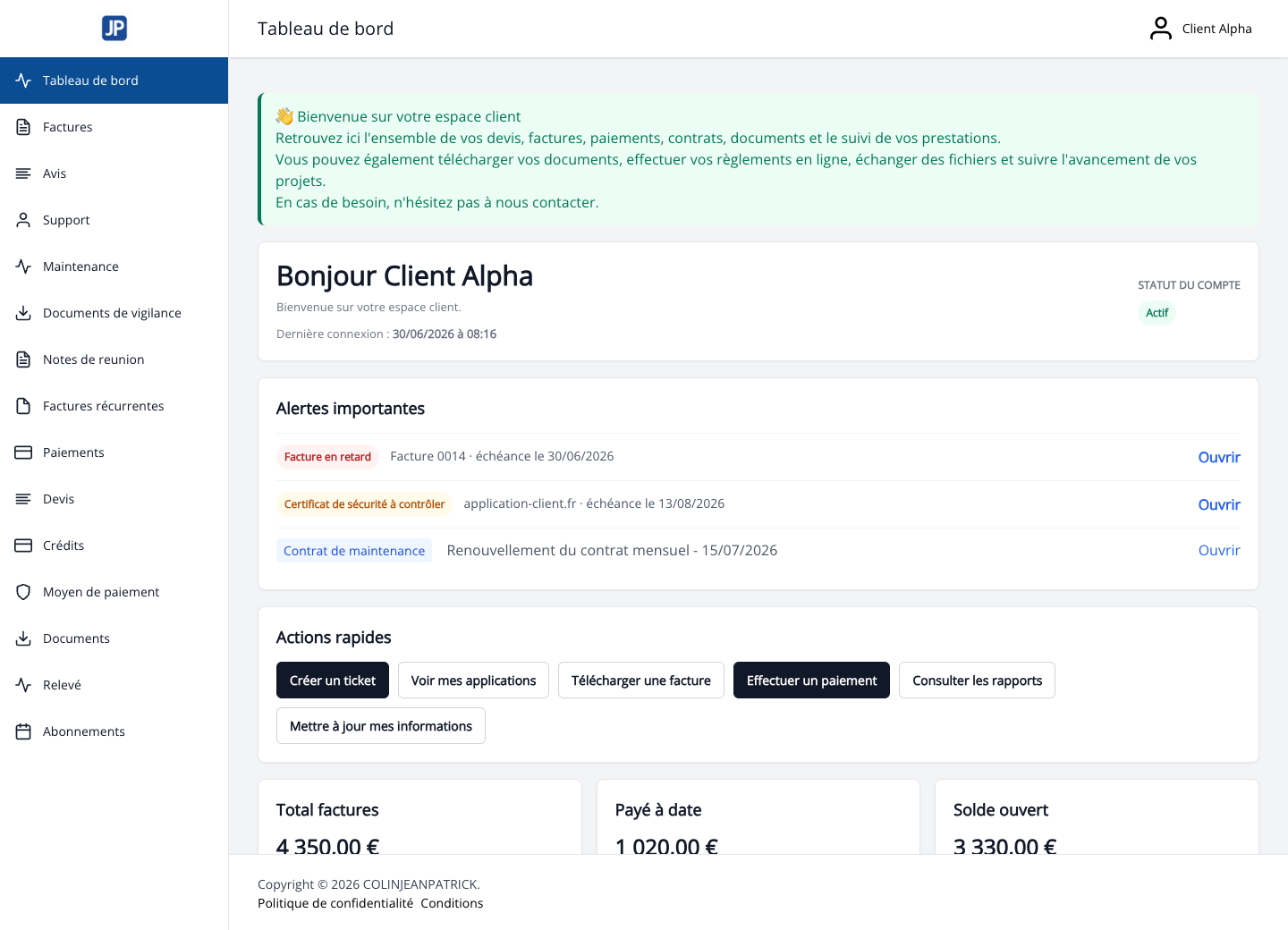 Portail client enrichi avec modules métier anonymisés